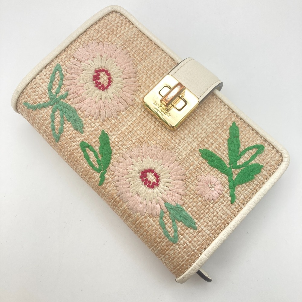 Kate Spade Wallet READ MUSTY Embroidered Raffia Floral Turnlock Pink Card Slots
